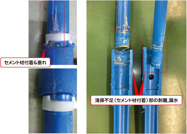 セメント材付着＆垂れ&清掃不足（セメント材付着）部の剥離，漏水